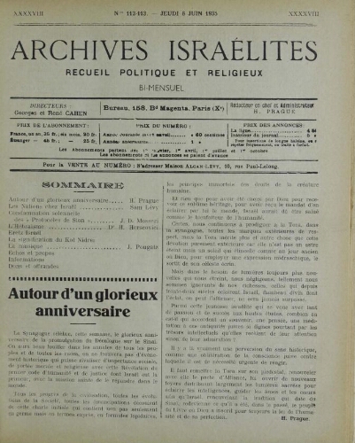 Archives israélites de France. Vol.98 N°112-113 (06 juin 1935)